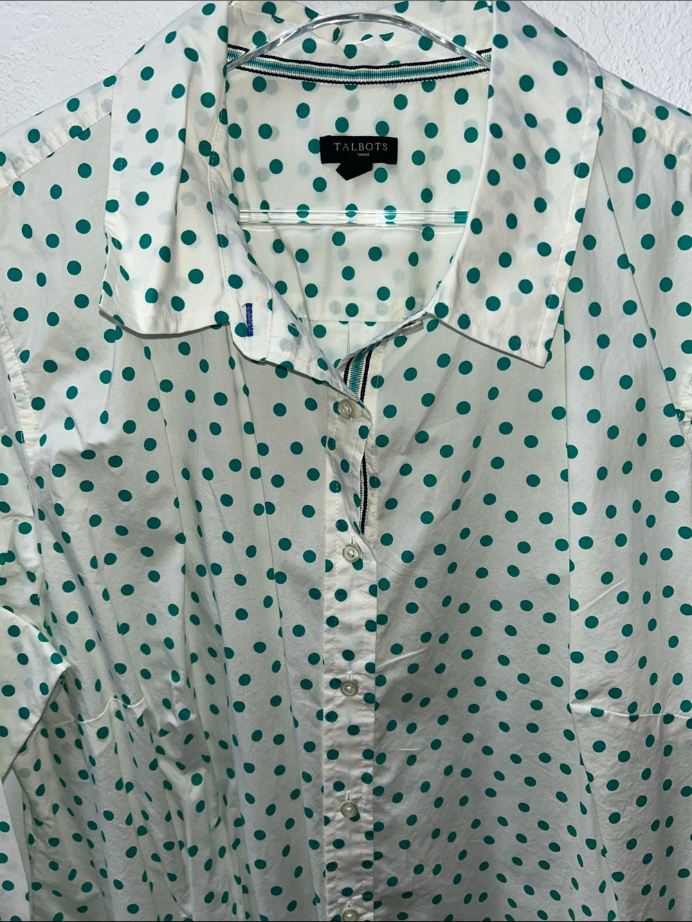 Talbots Plus Cream Green Polka Dot Long-Sleeve Button-Down Shirt sz 2X in EUC